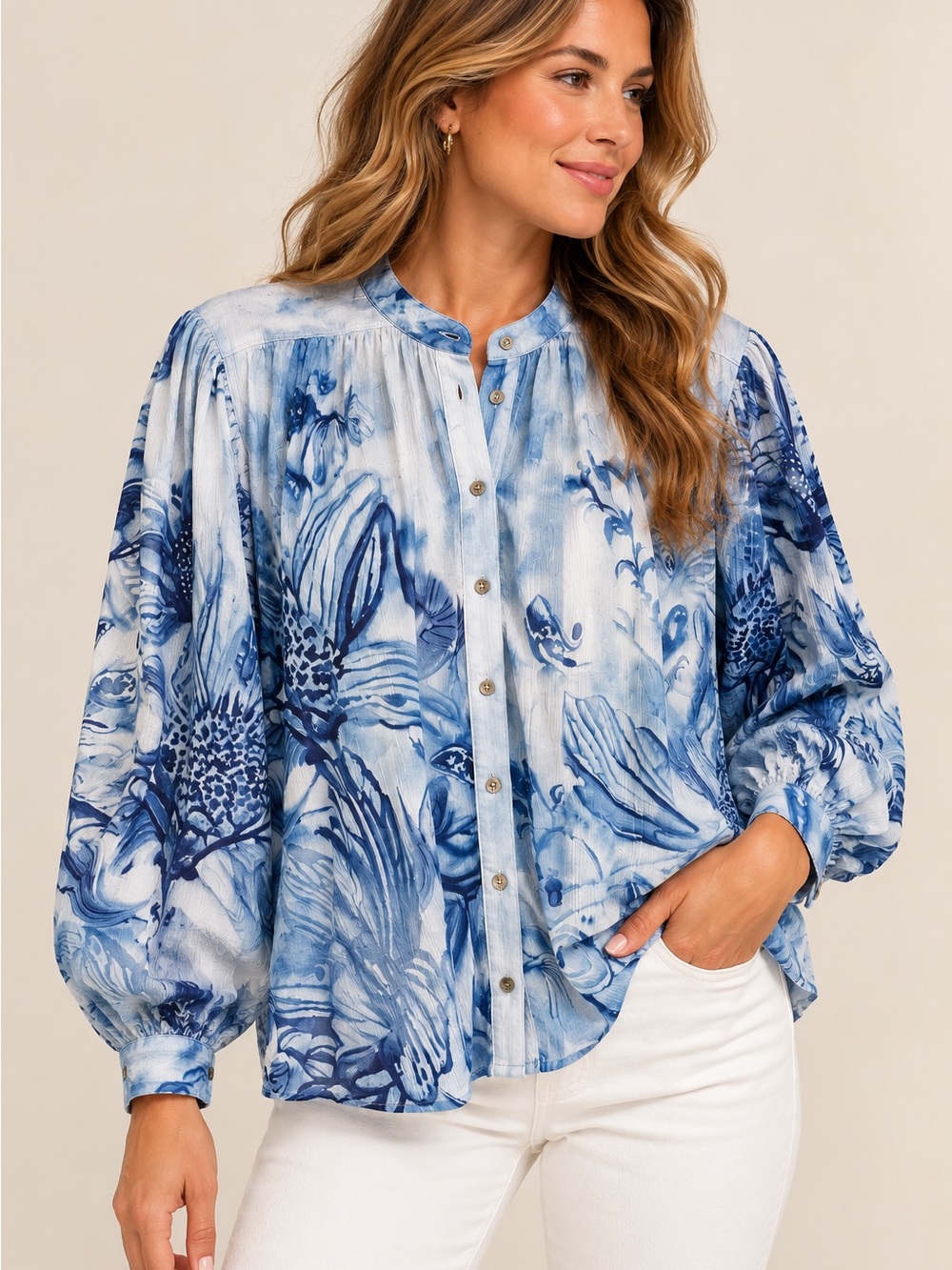 Pilcro Blue Floral Botanical Cotton Blouse Button Front Top L